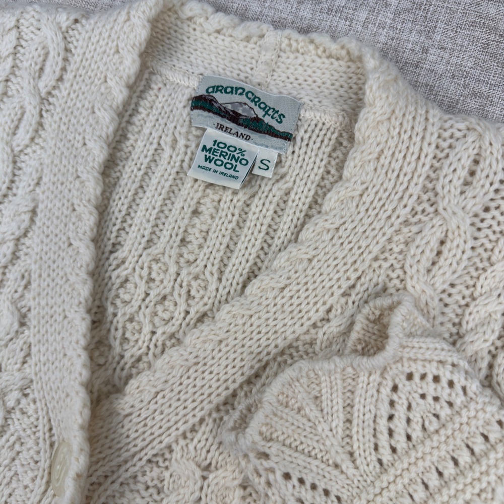 Aran Crafts Ireland 100% Merino Wool Cable Knit Cardigan Sweater S Cream - Picture 3 of 9